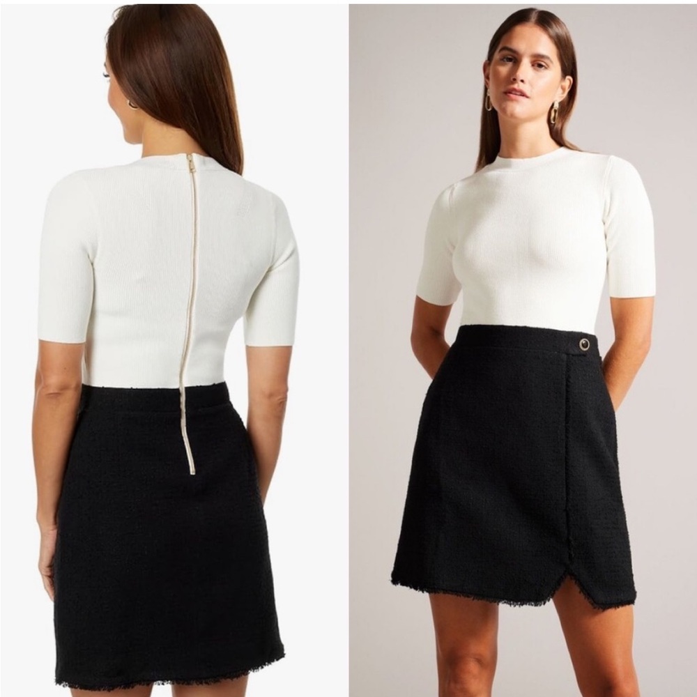 NEW🖤Ted Baker London Katyyd Mockable Mini Dress 5 US 10-12 cream black tweed